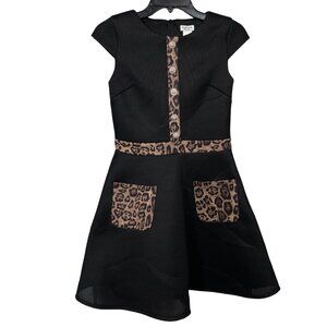 David Charles Black Label Dress Girls 14 YRS Black Animal Print Pearl Mesh Flare